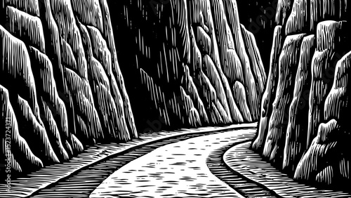Black and white sketch vector of a narrow canyon trail winding between towering rock walls
