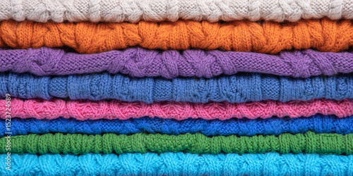 Abstract knitted background from set of multicolored knitted clothes stacked. Space for text. Knitting warm clothes, blankets and blankets. Concept of home needlework. Banner