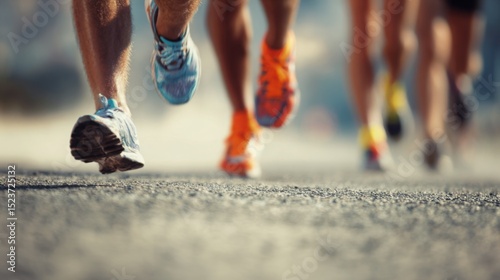 Close-up of the feet and legs of multiple runners in motion, running on an asphalt road, with a blurry background, low-angle shot, motion blur