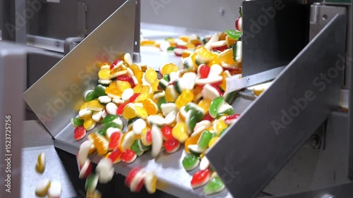 Gelatin candy factory. Multicolored candies at the factory.