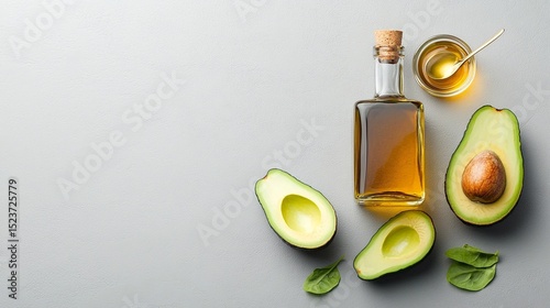 Top View of Avocados Halves with Avocado Oil Bottle and Honey