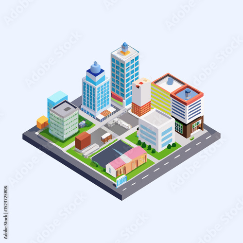 Isometric Urban Cityscape with Skyscrapers and Road Network
