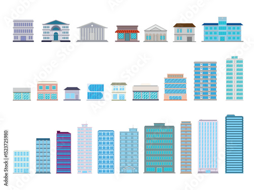 Building on white background. Different 2D buildings for design. Urban community housing in vector illustration.