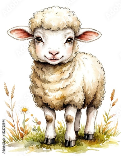 cute little sheep watercolor illustration. template card, print.
