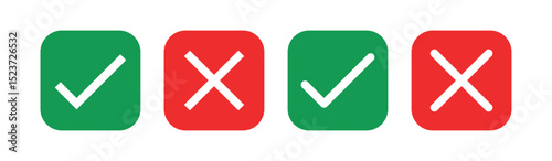 Correct and wrong icons are set in green and red colors. Tick and cross icons. Vector illustration, check mark icon button set. Yes or no checkmark icons in a green tick box and a red cross.