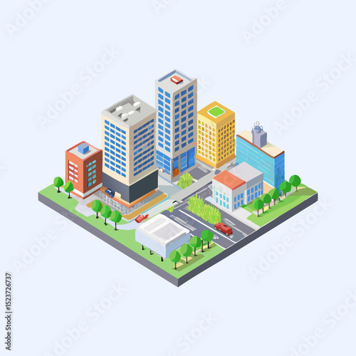 Isometric Urban Cityscape with Skyscrapers and Road Network