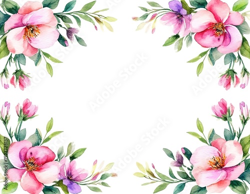 pink abstract flower frame. watercolor illustration on white background. template for card, invitation, banner, label with place for text.