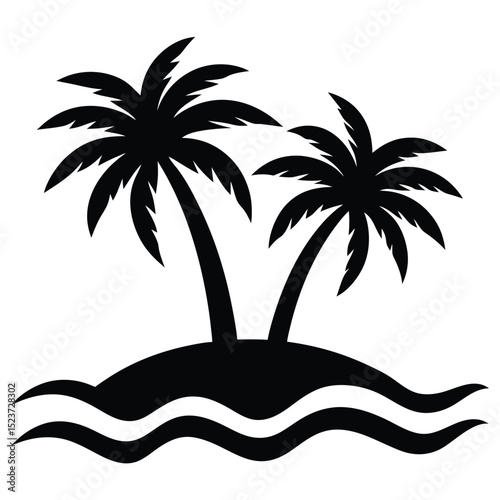 Tropical island with two palm trees silhouette