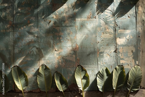 Sunlit Leaves Against Textured Blue Rustic Wall Background