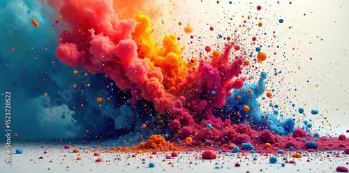 Fototapeta Naklejka Na Ścianę i Meble -  A vibrant explosion of color, depicting destruction and chaos Shattered fragments of paint and pigment create a powerful visual metaphor for devastation and renewal , vivid, pulverized