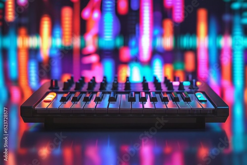 Colorful Synthesizer with Bright Lights and Sound Waves Background