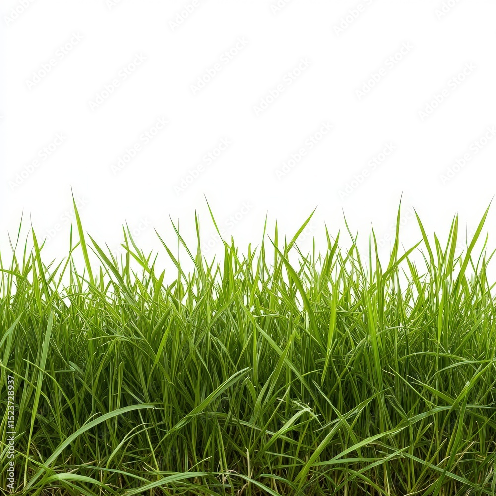 Fototapeta premium Close up of fresh green grass blades in a field, isolated on white background