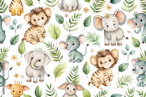 Fototapeta Naklejka Na Ścianę i Meble -  Adorable watercolor safari animals seamless pattern isolated on white background