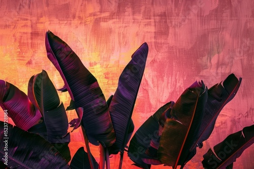 Vibrant Tropical Leaves Silhouetted Against Colorful Sunset Background