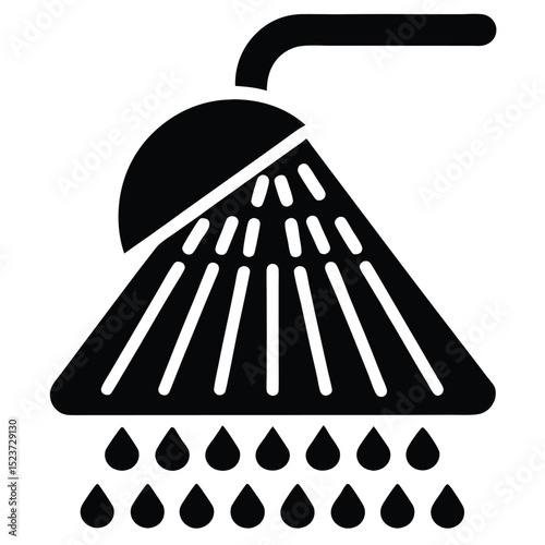 Simple black shower head icon with water drops