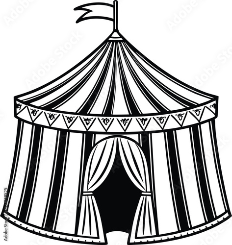 Black and white illustration of a striped circus tent