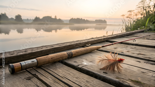 Vintage Bamboo Fly Rod on Weathered Dock with Misty Lake Reflections – Serene Fishing Scene with Copy Space