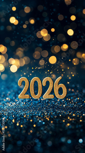Jahr 2026 mit glamourösem blauen goldenen Hintergrund
