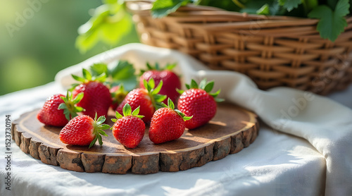 Heirloom Alpine strawberries with dewdrops on hand-carved cedar tray, soft morning light with copy space