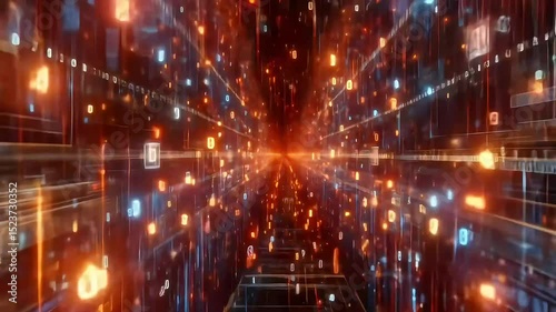 Abstract Digital Tunnel Glowing Data Stream and Network Visualization