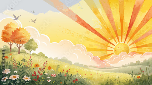 Vector sunburst background, vibrant yellow and orange rays, warm energetic glow with copy space