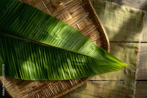 Fresh Green Leaves on Woven Basket Background with Soft Lighting