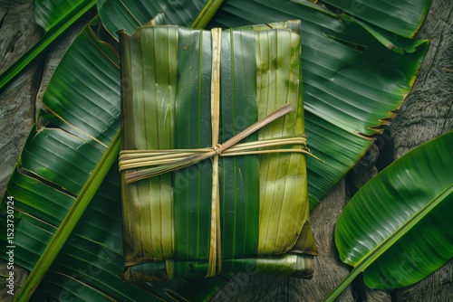 Tropical Leaf Bundle on Rustic Wooden Surface with Greenery