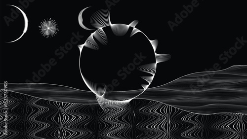 Stars and exoplanet in outer space. Futuristic landscape, with lines . Night landscape with starry sky .Vector illustration