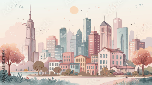 Vector cityscape in soft pastel tones, urban skyline with welcoming atmosphere for real estate presentations with copy space