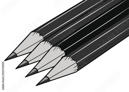 A black and white digital illustration of four sharpened pencils arranged diagonally. The pencils are depicted with dark bodies and lighter, sharpened tips, featuring thin white lines along.