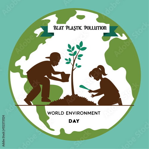 World Environment Day Illustration: 'Beat Plastic Pollution' with Earth and Sapling Planting
