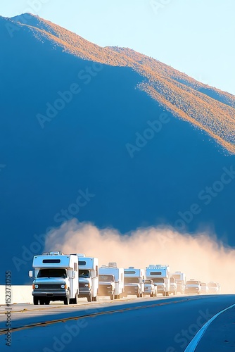 White RVs on Desert Highway Against Mountain Background