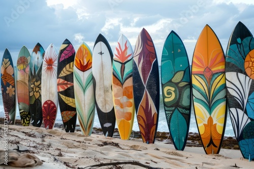 Colorful Surfboards Stacked on Beach with Ocean in Background