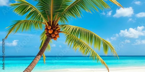 Lush coco palm leaning over pristine white sand beach, turquoise ocean backdrop, idyllic, dream photo