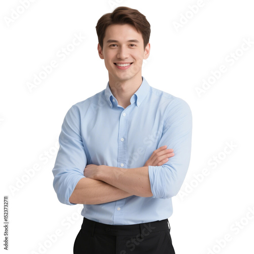 happy business man in professional wearing , Man in blue shirt with arms crossed smiling on a white background , no background