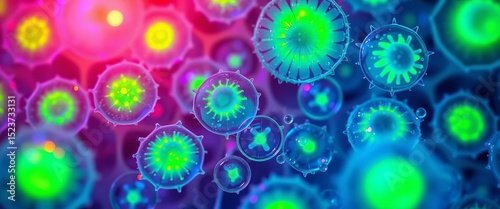 Microscopic view of glowing plant cells, vibrant green and blue hues,  rna,   experiment