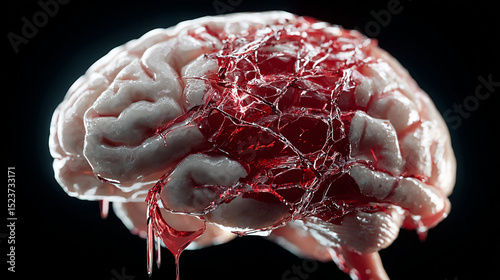 A brain model covered in red liquid with droplets dripping down against a black background.