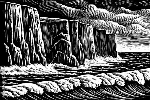 Black and white sketch vector of cliffs rising above a stormy ocean with high waves crashing
