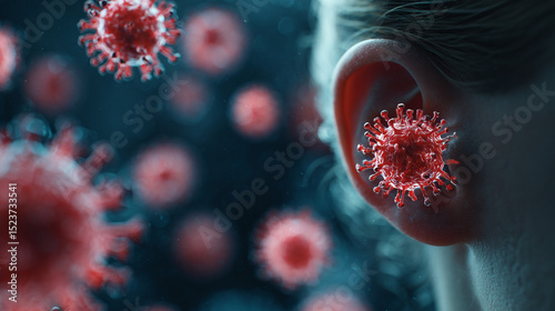 Close up of a person's ear with coronavirus cells around it in a dark blue background.