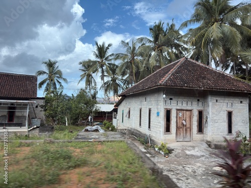 Traditional Indonesian house with a tile roof surrounded by palm trees and greenery.