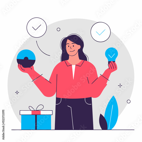Woman Choosing Between Opportunity and Idea with Gift Box Below | Decision Making and Selection Process Illustration
