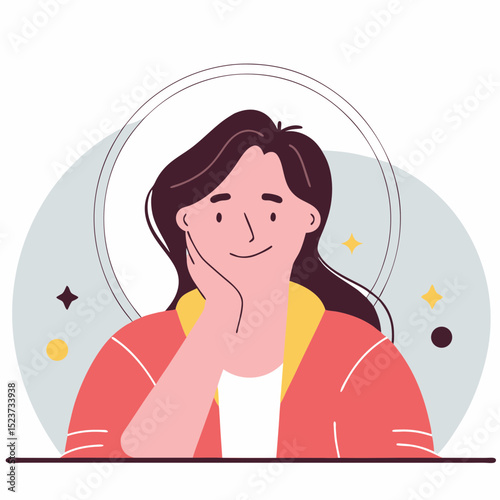 Smiling Woman Resting Chin on Hand in Thoughtful Pose | Happy Female Character Contemplating or Daydreaming