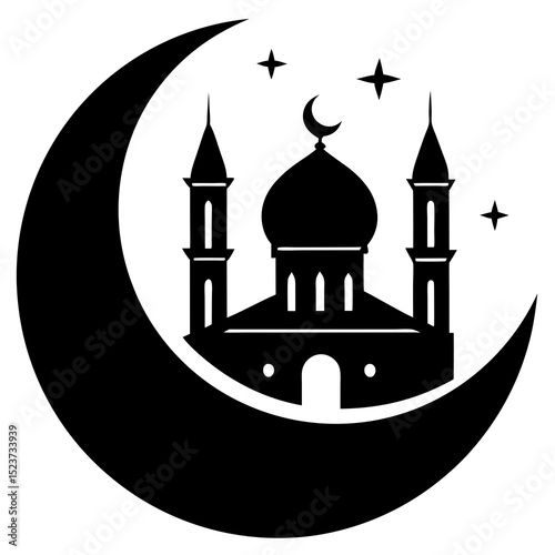 Crescent moon with mosque silhouette vector illustration 