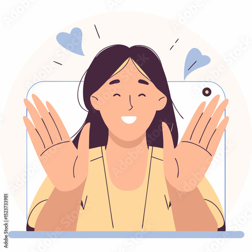 Happy Woman Waving Hello on Video Call Screen with Hearts | Friendly Online Communication and Virtual Interaction