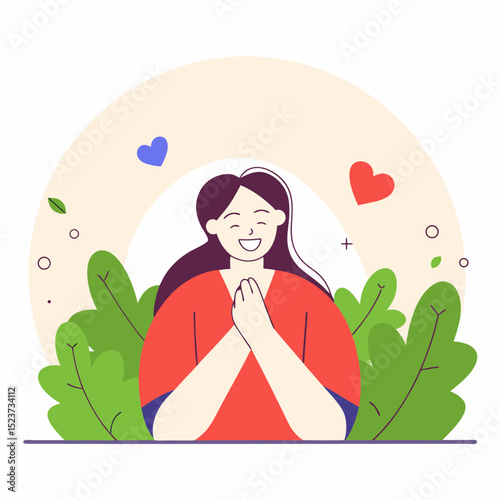 Happy Woman Expressing Gratitude and Inner Peace with Hearts and Nature Background | Mindfulness and Well-being