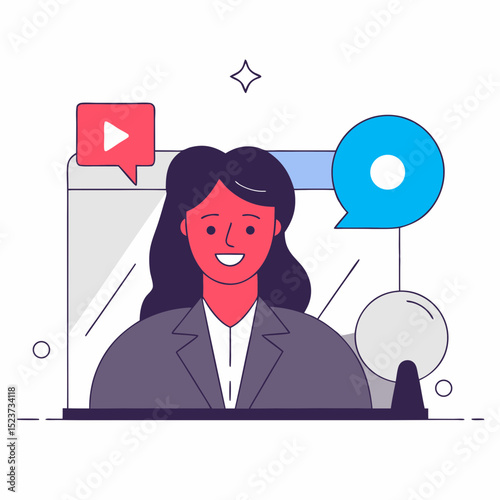 Happy Woman Engaged in Online Communication with Video Playback and Speech Bubble | Virtual Meetings and Digital Content Interaction