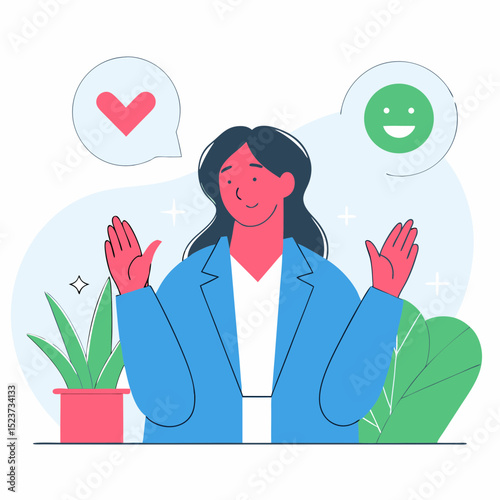 Happy Woman Expressing Positive Emotions with Hearts and Smile Emoji | Self-Worth and Emotional Well-being