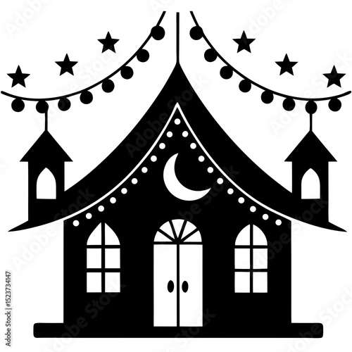 Home decorated with eid garland silhouette vector illustration