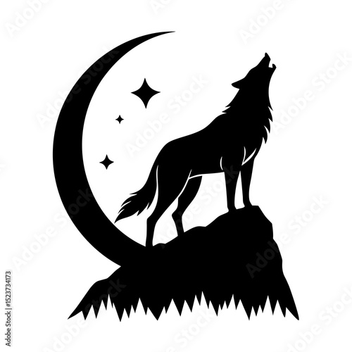 Howling wolf on a cliff silhouette vector illustration 
