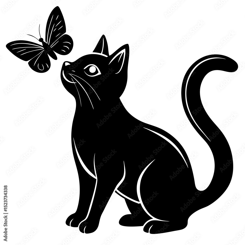 Fototapeta premium Playful cat with butterfly silhouette vector illustration 